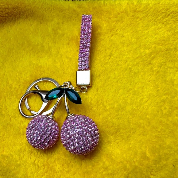 Pink bling Cherry Keychain with Green Leaf - Picture 1 of 2